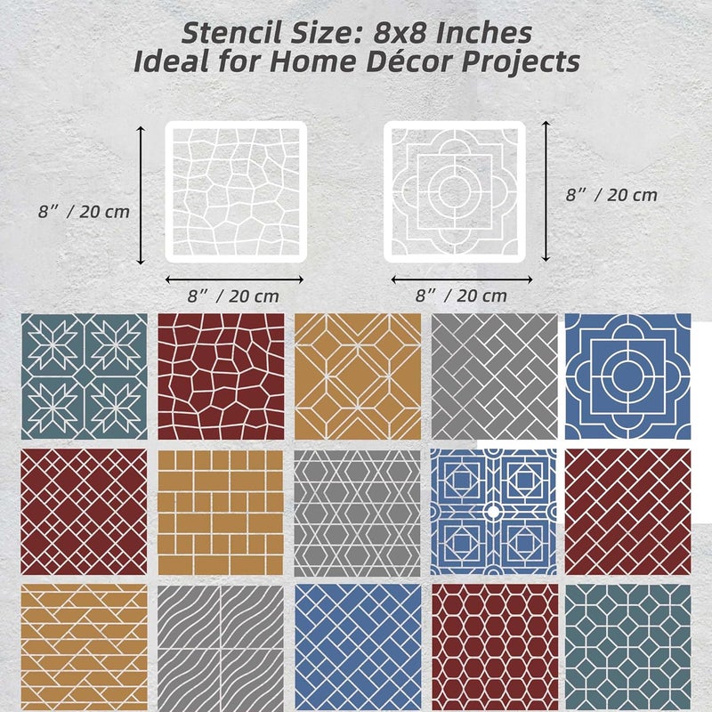 neglex Brick Stencil Set for Crafts (15 Pack, 8x8 Inch), Street Cobblestone & Garden Sidewalk Patterns, Reusable Texture Stencils for Wood, Fabric, Furniture, Terracotta Mosaic & Geometric Floral Tile Design - Image 2
